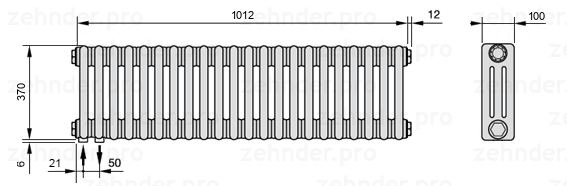 Схема (чертеж) Радиатор Zehnder Charleston 3037/22 №3370 Белый глянцевый RAL 9016